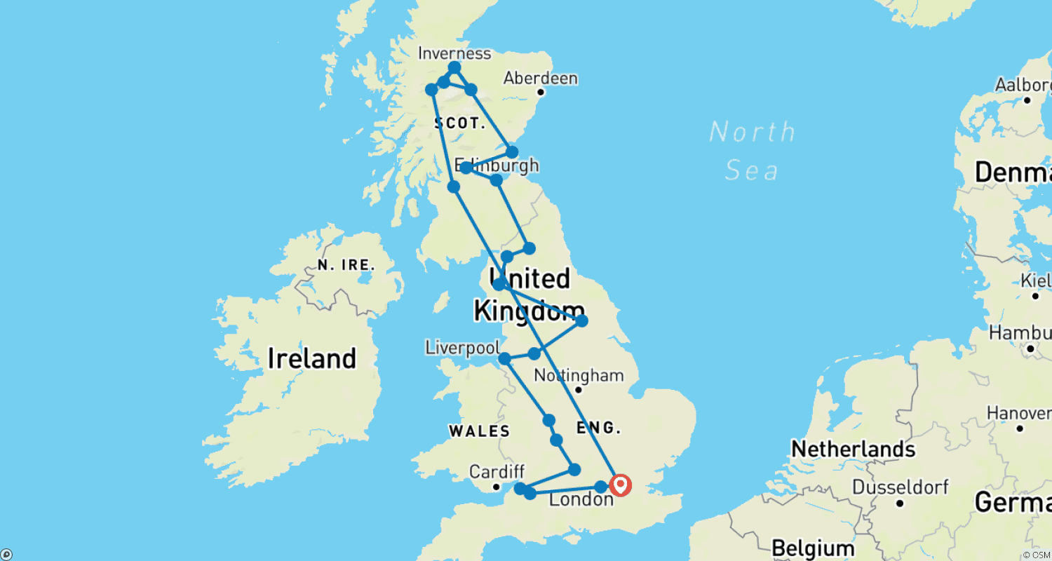 Mapa do percurso de Inglaterra e Escócia (Clássico, Inverno, Fim em Londres)