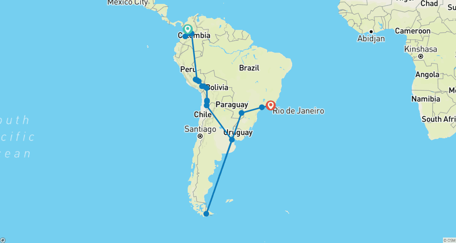 Mapa do percurso de Excursão de 33 dias pela América do Sul: Colômbia, Peru, Bolívia, Chile, Argentina e Brasil com Trilha Inca e Patagônia