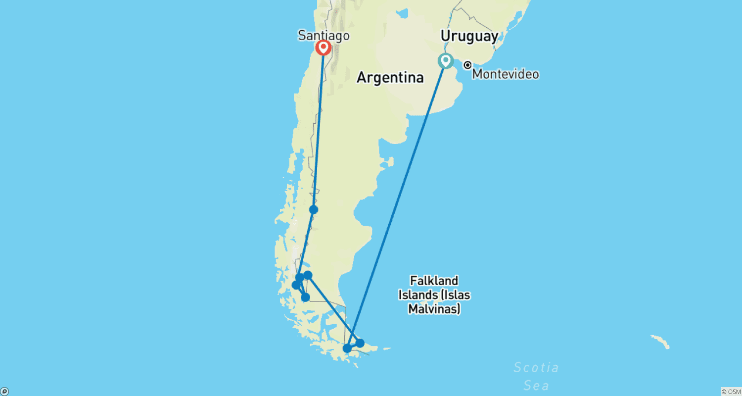 Mapa do percurso de O Melhor da Patagônia: Argentina e Chile, Viagem de 11 Dias