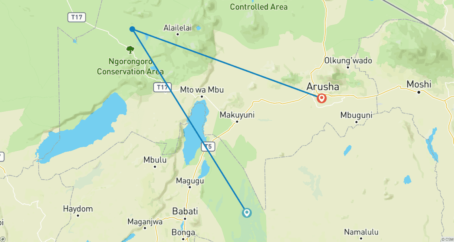 Mapa do percurso de Excursão de Safári em Grupo de 3 Dias para Tarangire e Cratera de Ngorongoro, Tanzânia