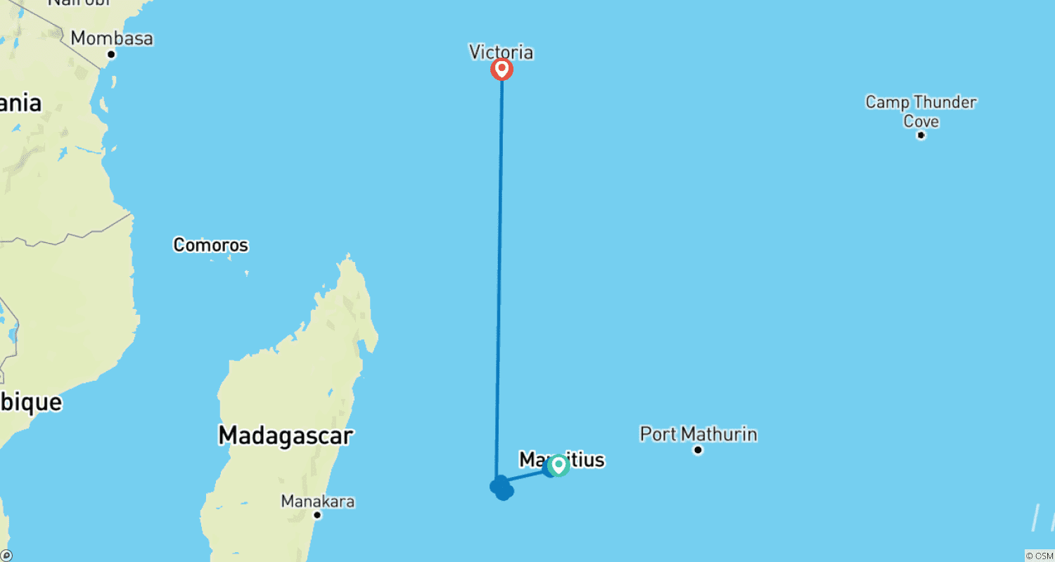 Mapa do percurso de Mauritius, La Réunion e Seychelles: Salto de Ilha em Ilha no Oceano Índico (de Mahébourg a Victoria)