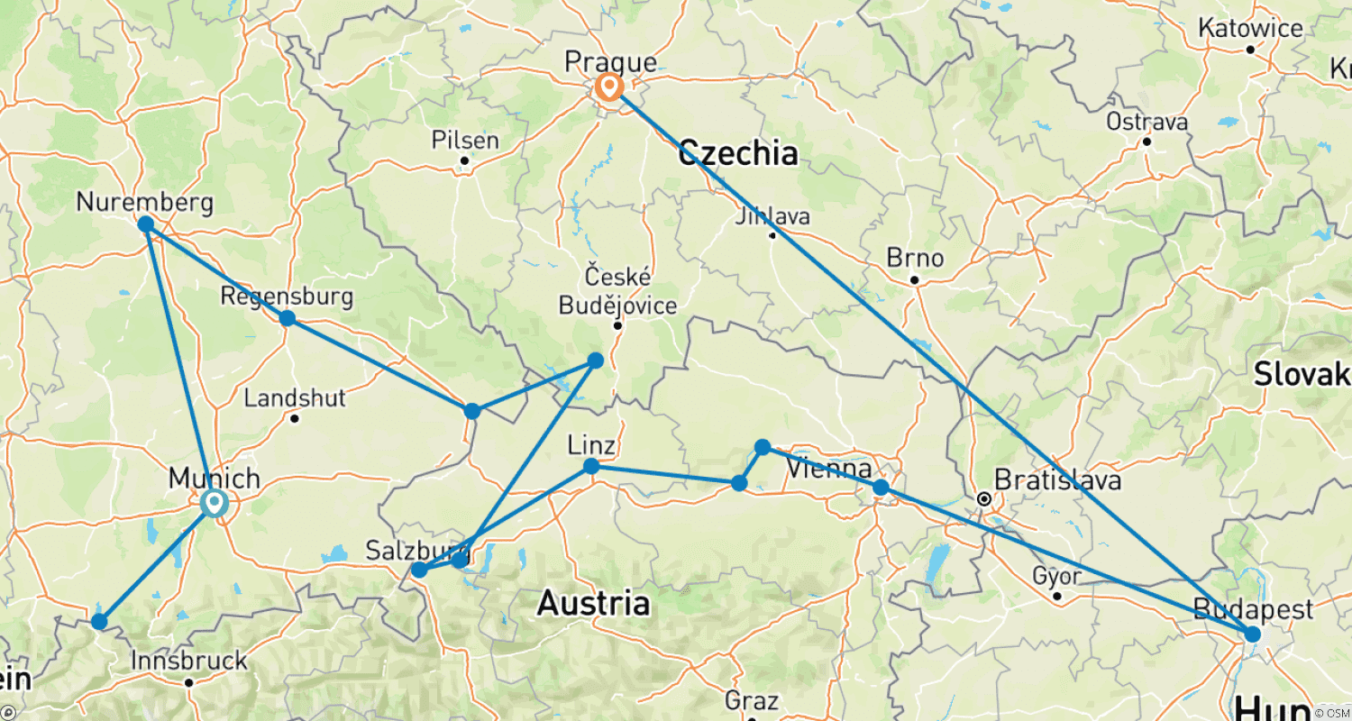 Mapa do percurso de Christmas Markets on the Danube with Munich and Prague Munich → Prague (2026)