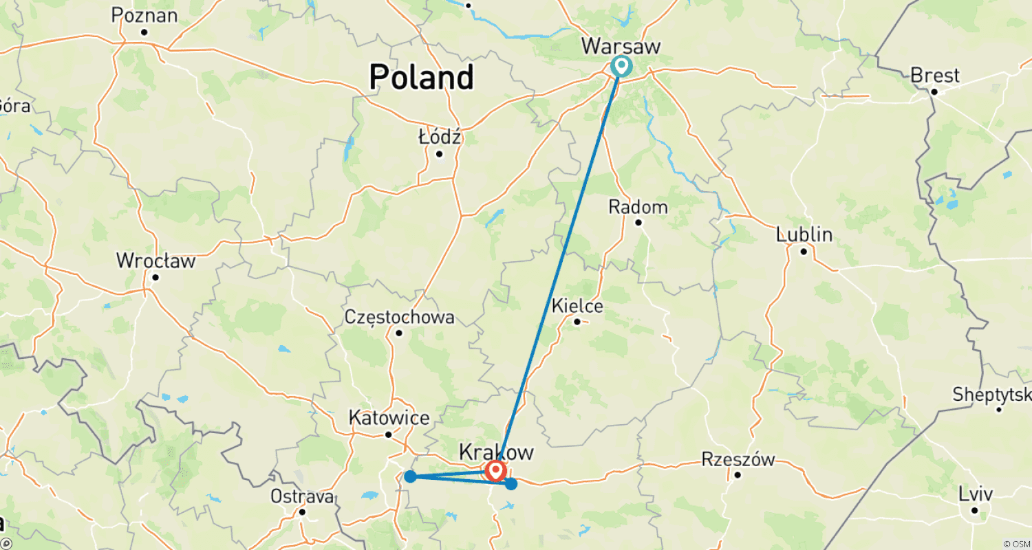 Mapa trasy: Dostosowana 5-dniowa prywatna wycieczka rodzinna po Polsce z 4-gwiazdkowym hotelem, codzienny start