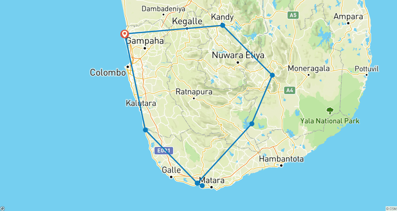 خريطة مسار Sri Lankan Adventure - Train, Surf & Safari!