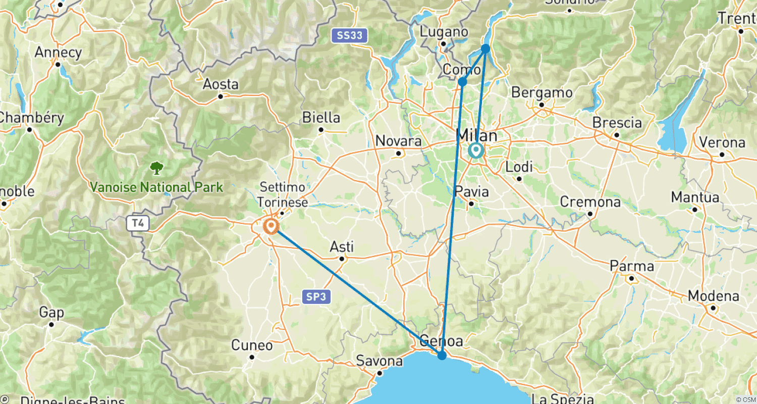 Magic of Milan, Genoa and Turinのルートマップ