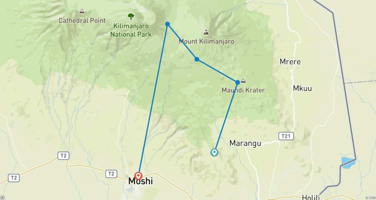 Mapa trasy: Wspinaczka na Kilimandżaro - Trasa Marangu 5 dni 4 noce