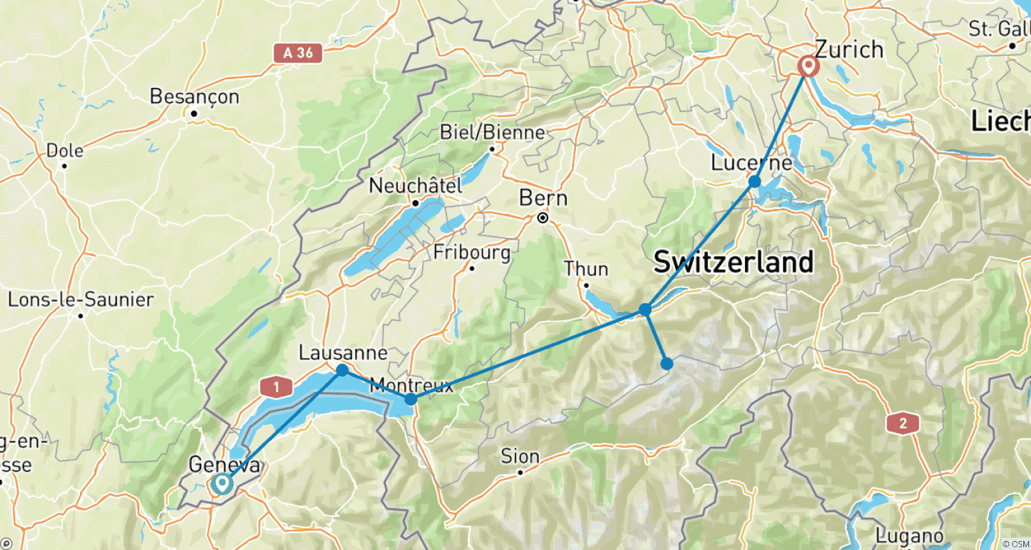 Mapa do percurso de 8 Days Switzerland Panoramic Tour, Daily Start &  Self-guided