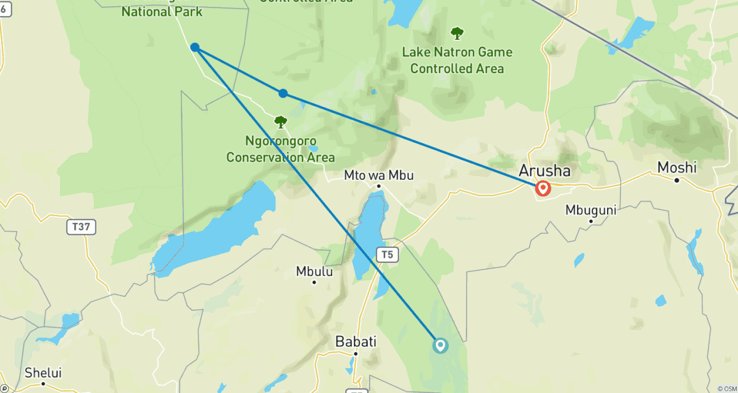 Mapa do percurso de Safári de 4 Dias em Tarangire, Serengeti e Ngorongoro