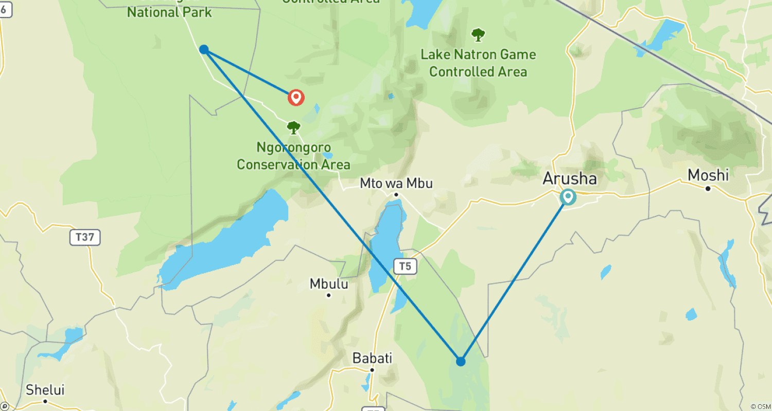 Mapa trasy: 4-dniowe safari Tarangire, Serengeti i Ngorongoro