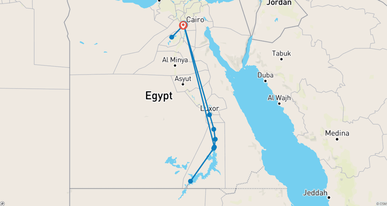خريطة مسار رحلة لمدة 9 أيام (أهرامات الجيزة، GEM Museum، مغامرة في الصحراء، أسوان - أبو سمبل، رحلة نيلية - الأقصر) + قطار ليلي ذهابًا وإيابًا
