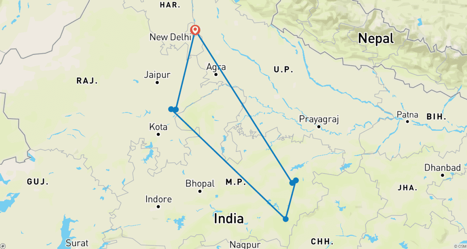 Luxury India Tiger & Wildlife Safari Tourのルートマップ