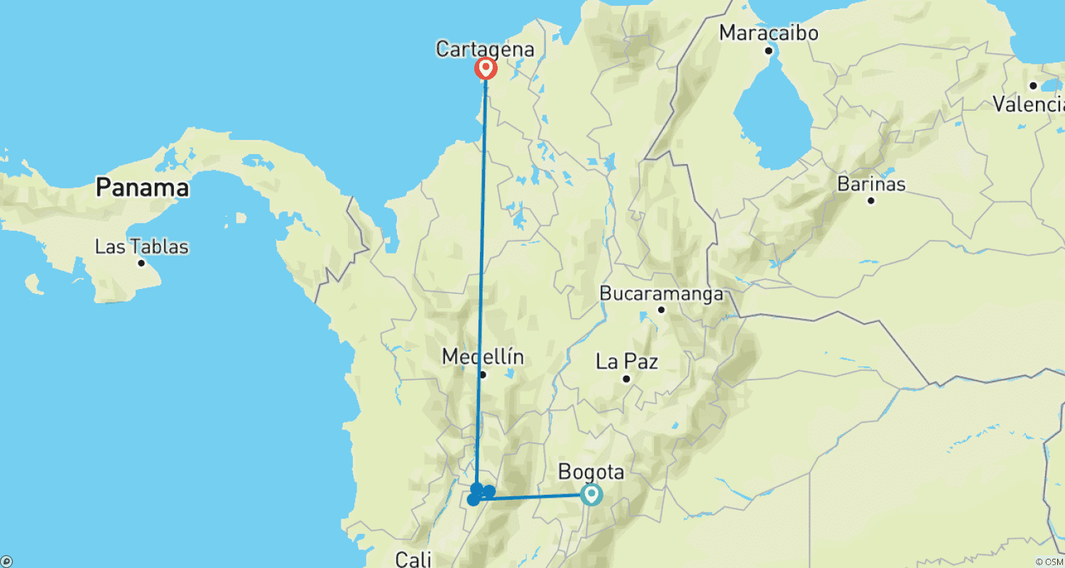 Mapa do percurso de Tour Privado Personalizado de 8 Dias em Família pela Colômbia com Hotéis 4 Estrelas, Partidas Diárias