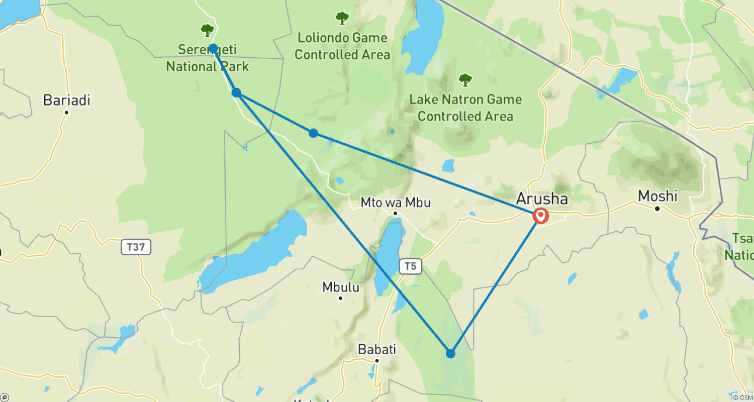 Mapa do percurso de 7 Days 6 Nights Migration Wildlife Safari