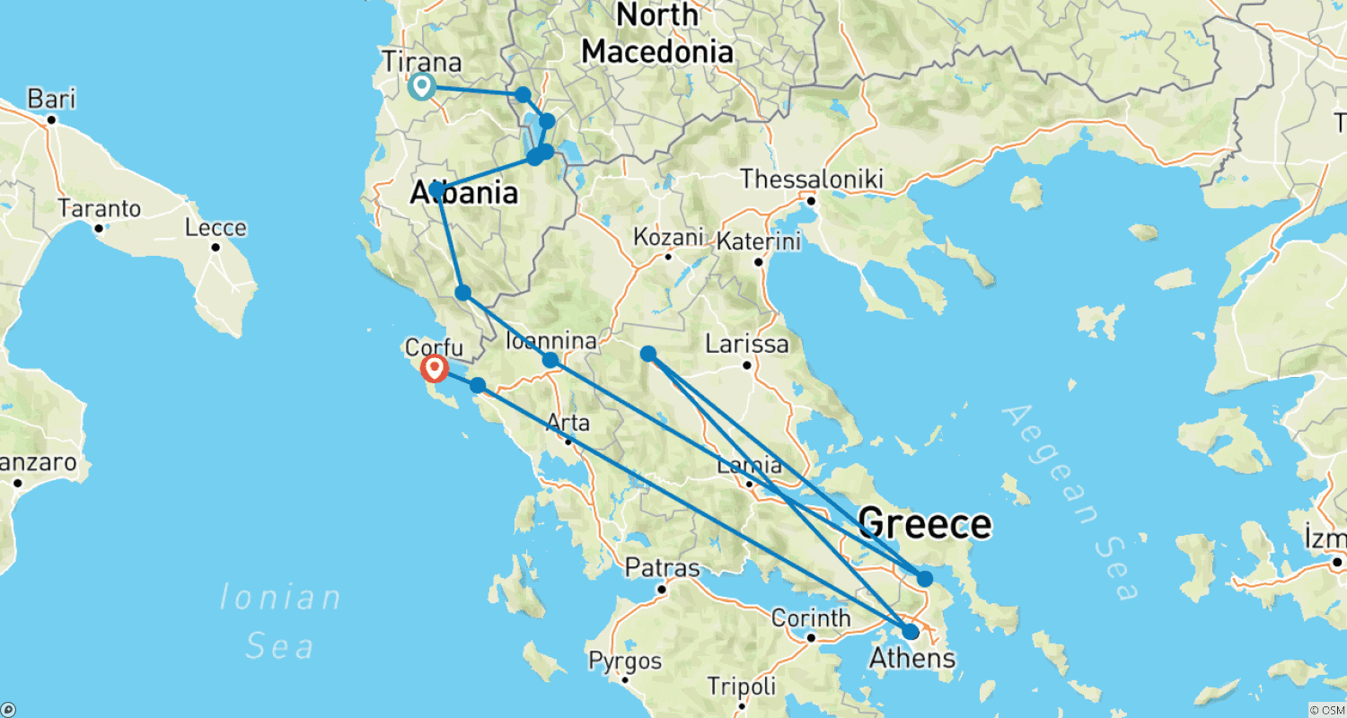 Albania, Macedonia & Athens - 7 daysのルートマップ