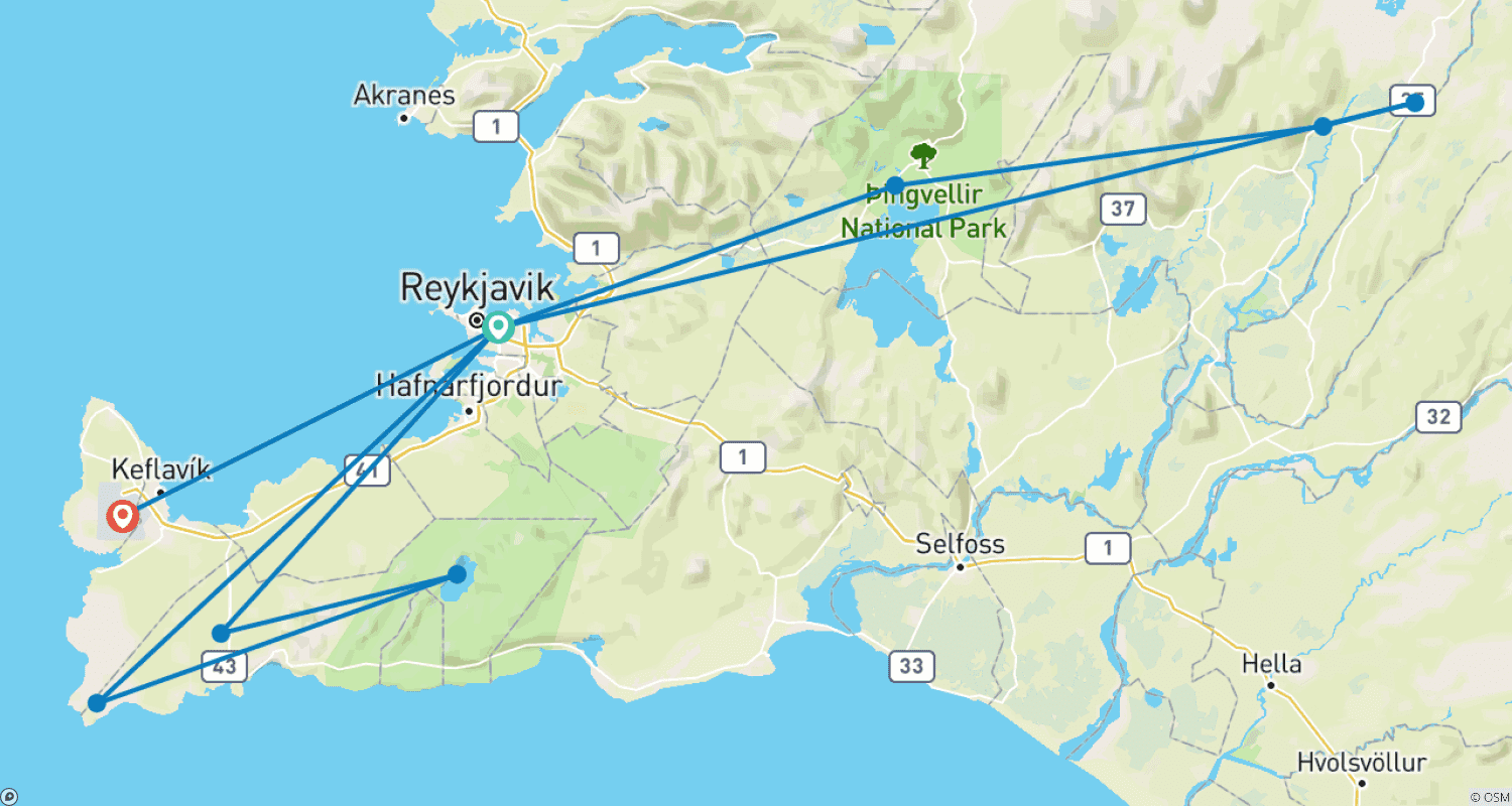 خريطة مسار Reykjavik آيسلندا وكسوف شمسي كلي - باقة اقتصادية - 5 أيام