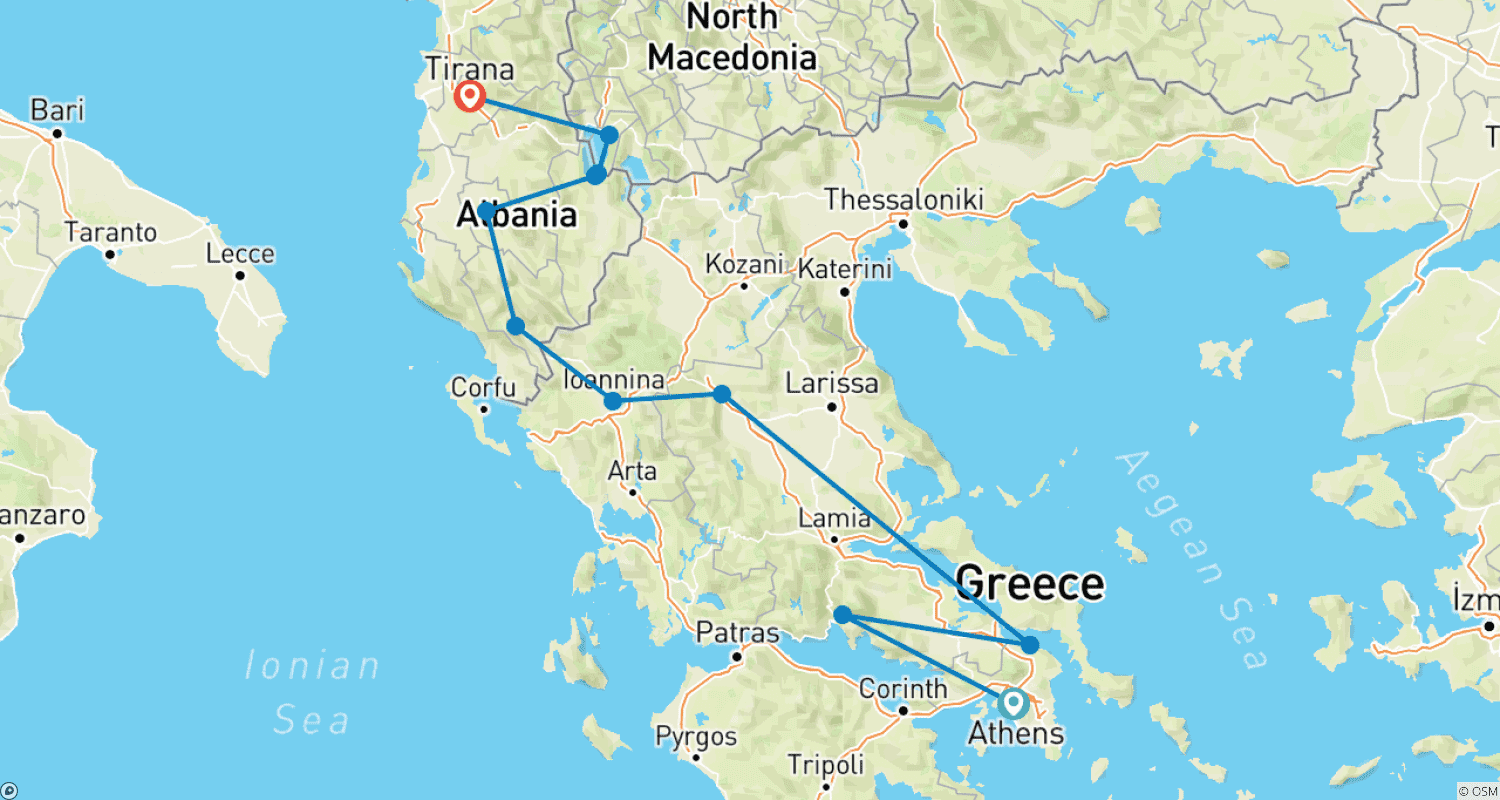 Athens, Macedonia & Albania - 7 daysのルートマップ