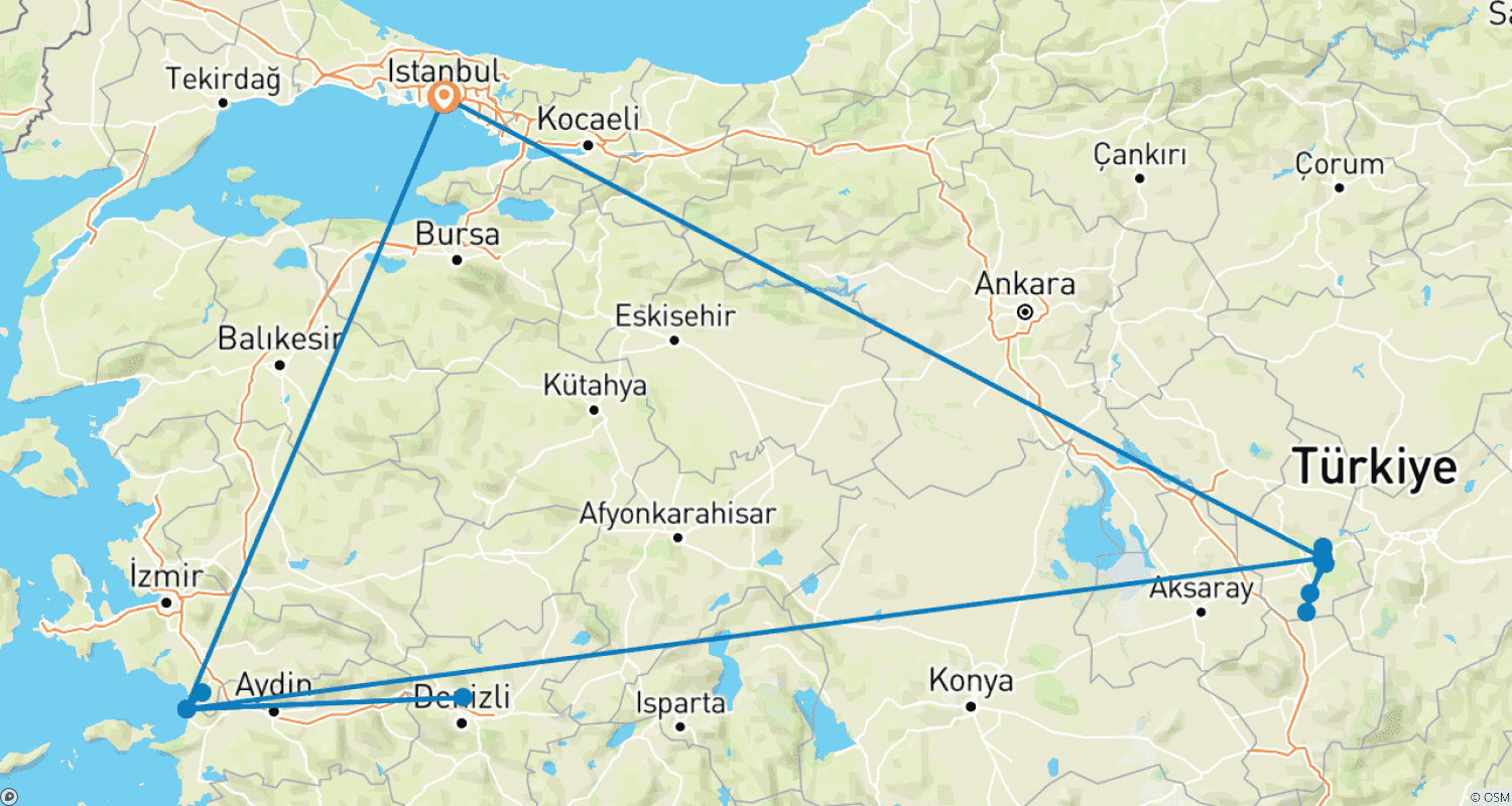 Mapa do percurso de Totalmente Turquia (5 Estrelas) - 8 dias