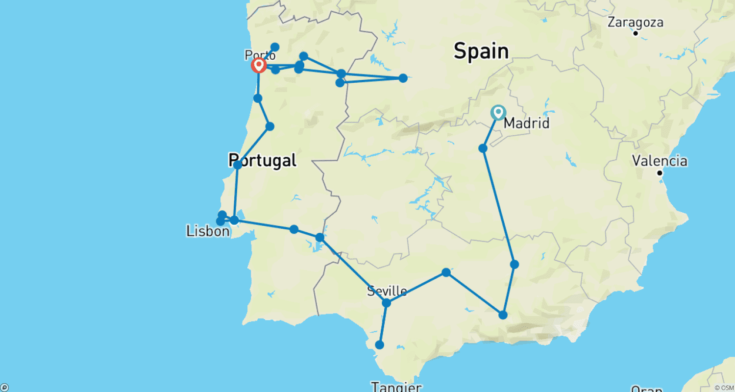 Mapa do percurso de Flavours of Spain and Portugal with Douro Discovery Madrid → Porto (2028)