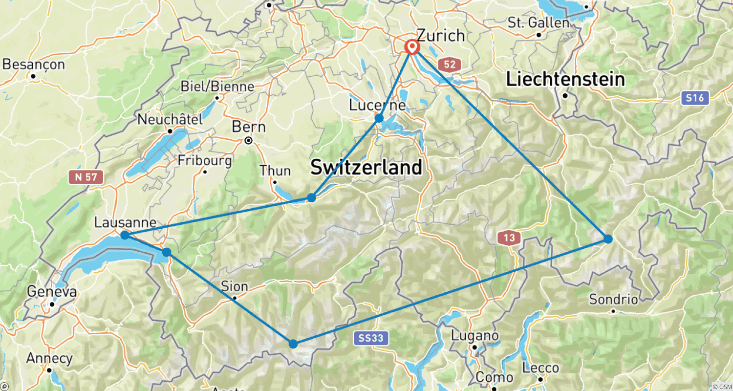 Grand Train Tour of Switzerland - 発見の旅：参加型グループツアーのルートマップ