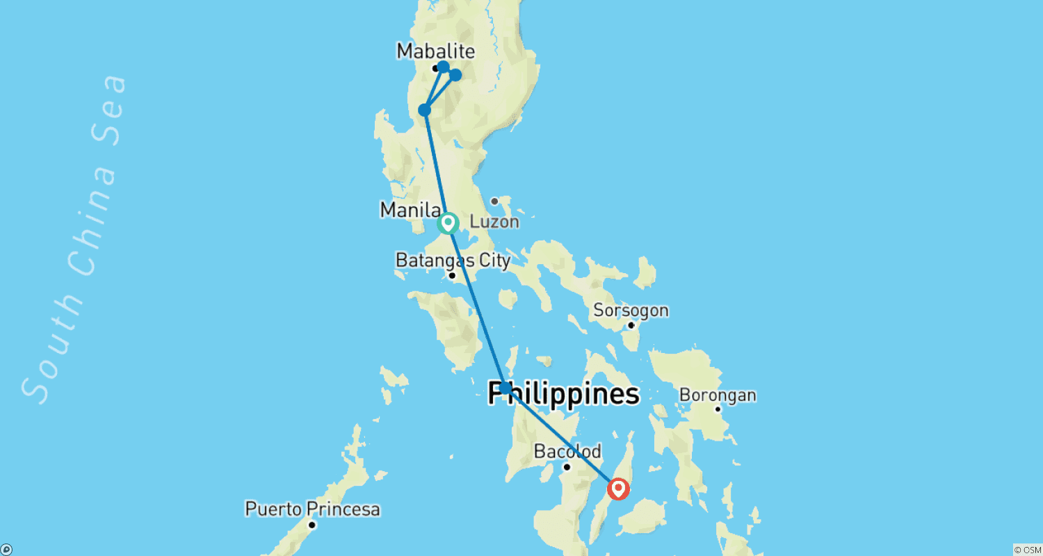 خريطة مسار جولة عائلية مصممة خصيصًا لمدة 14 يومًا في الفلبين مع فندق 4 نجوم، انطلاق يومي (خاص)