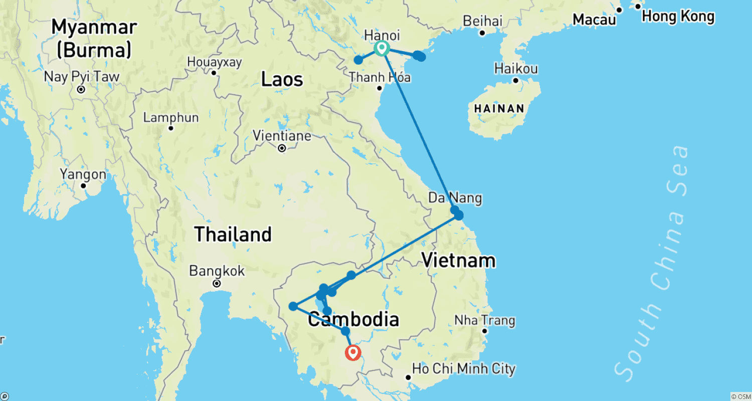 Mapa do percurso de O Melhor do Vietnã e Camboja em 19 Dias