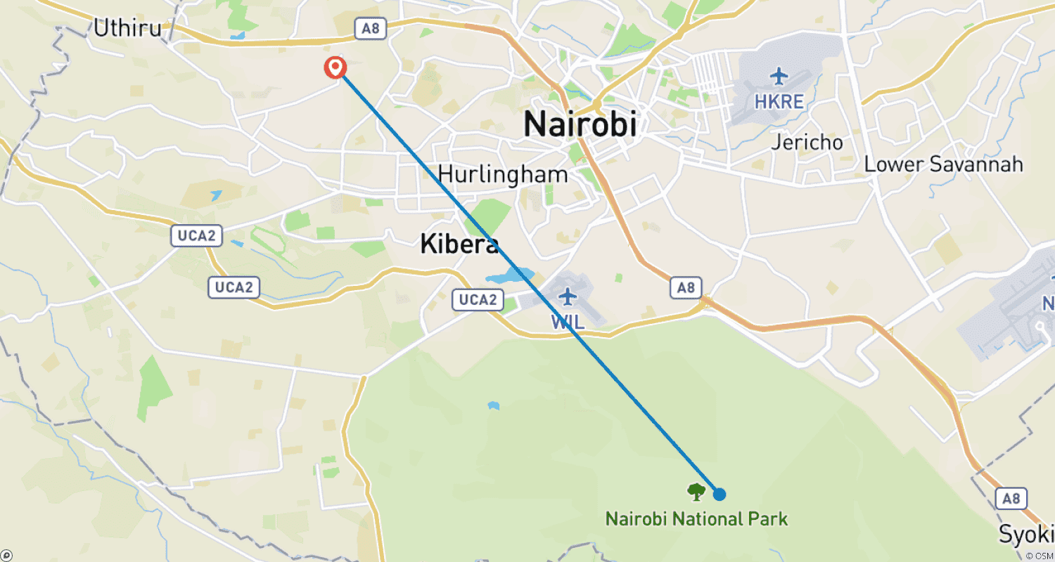 Mapa trasy: Park Narodowy Nairobi, David Sheldrick Wildlife Trust i Giraffe Centre