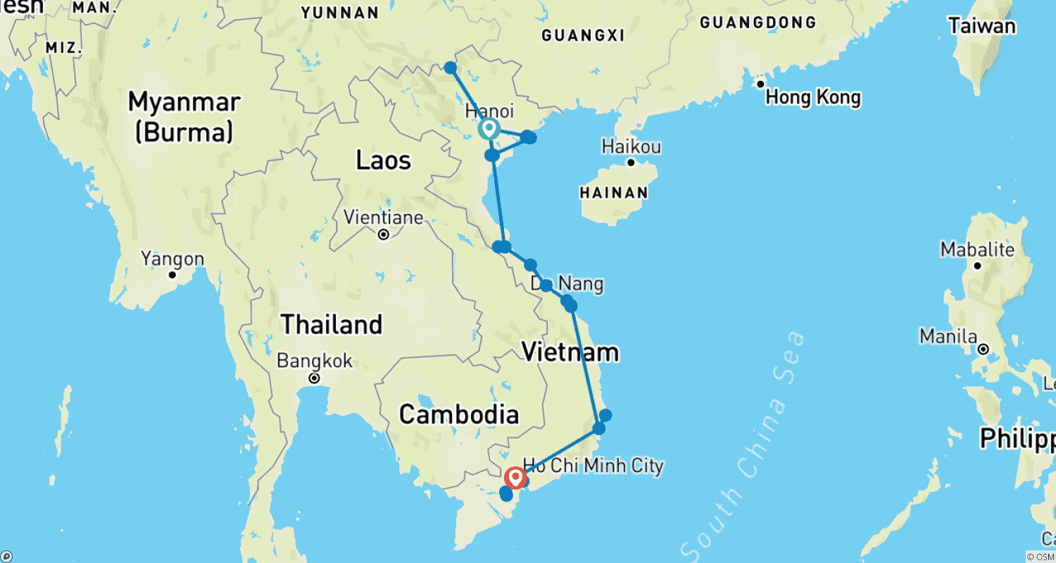 21日間で巡るベトナム壮大の旅のルートマップ