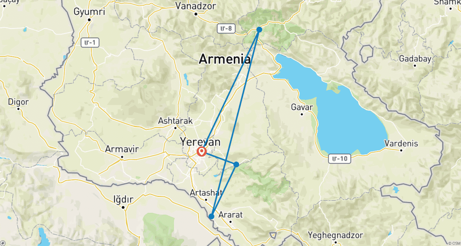 Customized 4 Days Armenia Private Tour with 4-star Hotel (Private Guide & Driver)のルートマップ