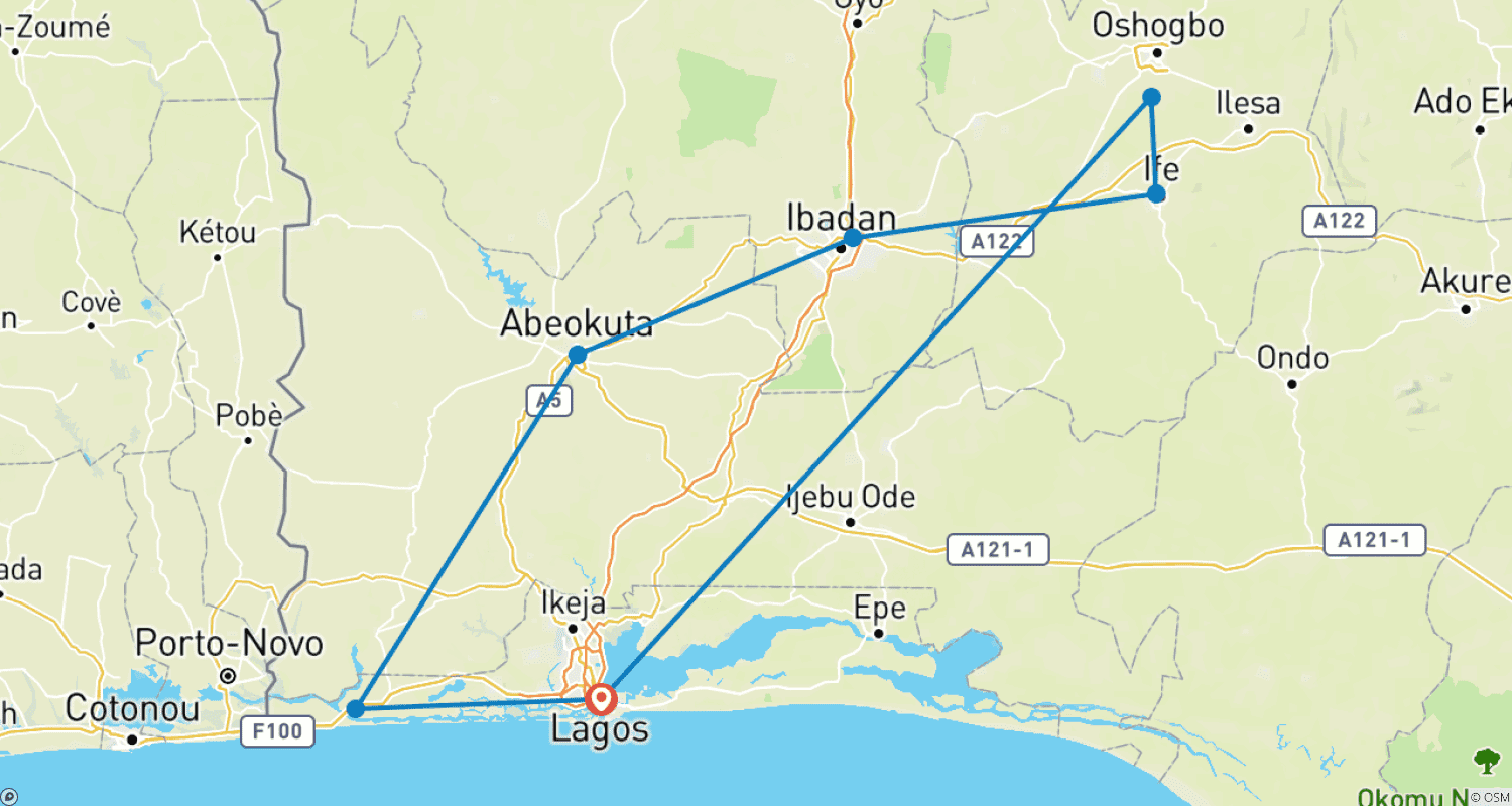 Mapa do percurso de Excursão pelo Sudoeste – Nigéria – 7 Dias