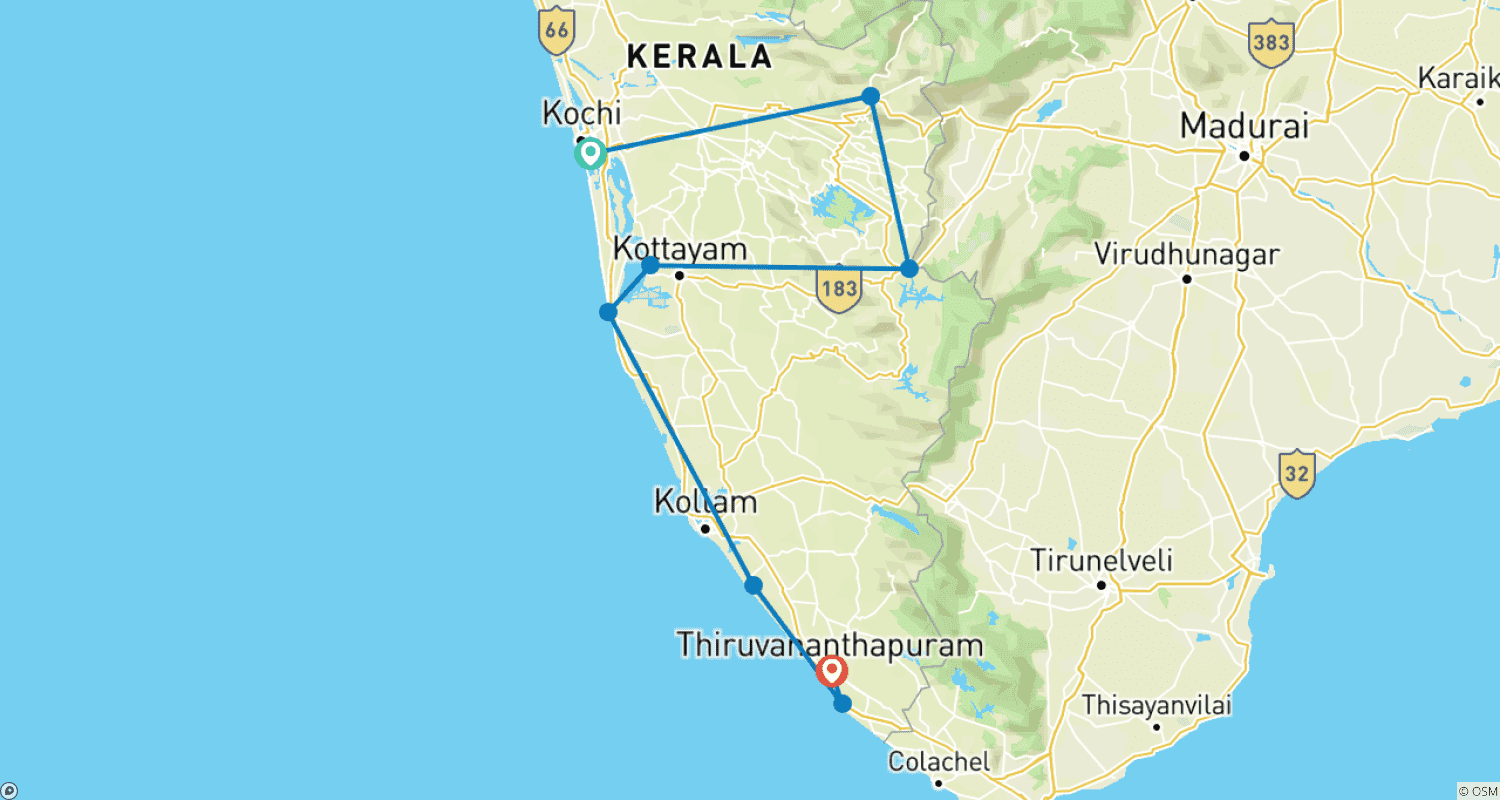 خريطة مسار India Essence of Kerala: Hills, Backwaters & Beaches – 11 Days