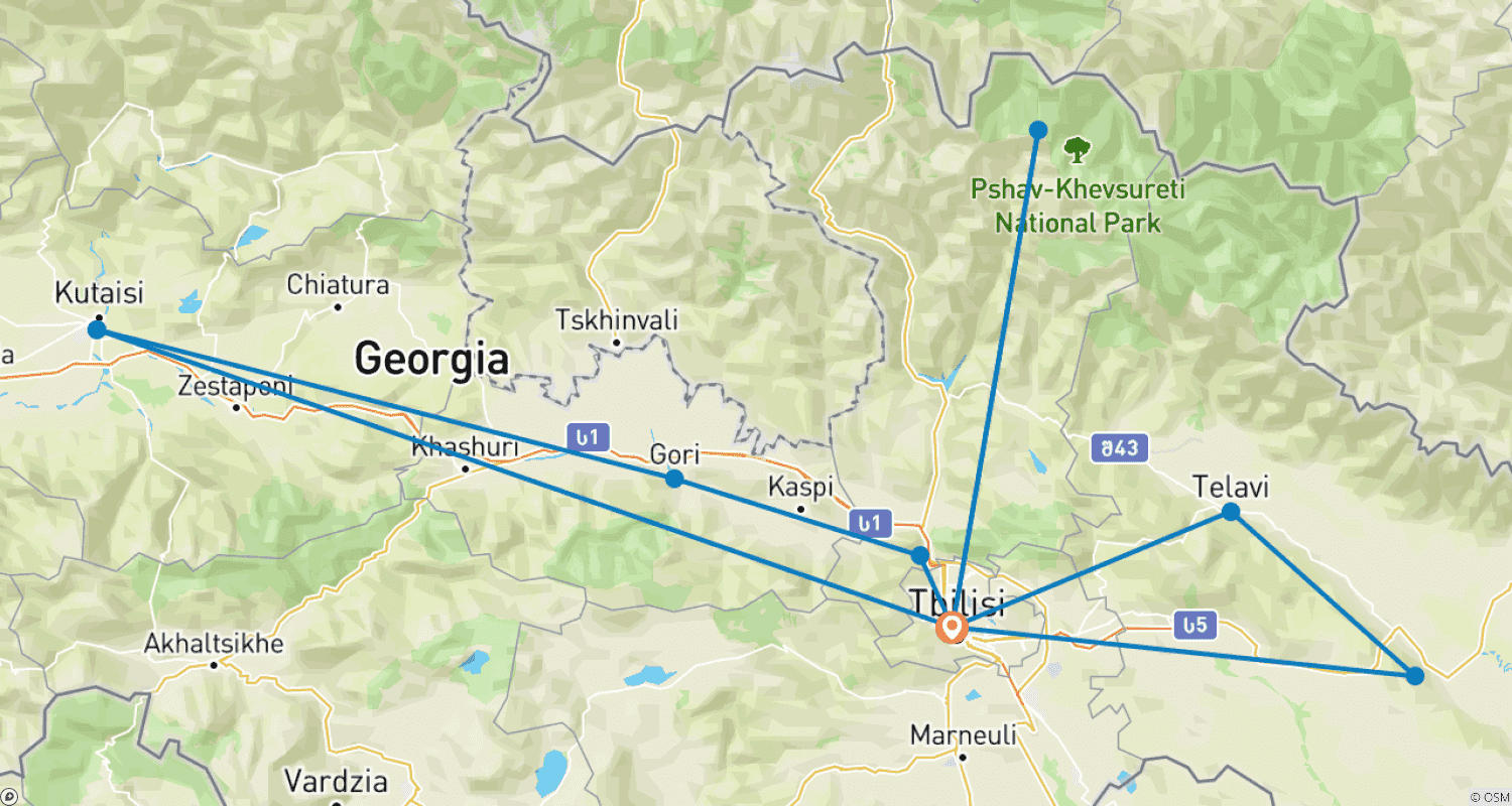 Mapa trasy: Szyta na miarę 8-dniowa najlepsza rodzinna wycieczka po Gruzji, codzienne wyjazdy (wycieczka prywatna)