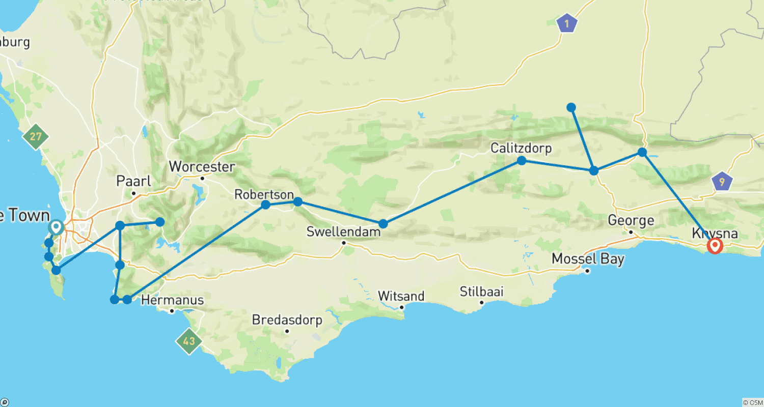 Mapa do percurso de Pedalando pela Rota 62 da África do Sul