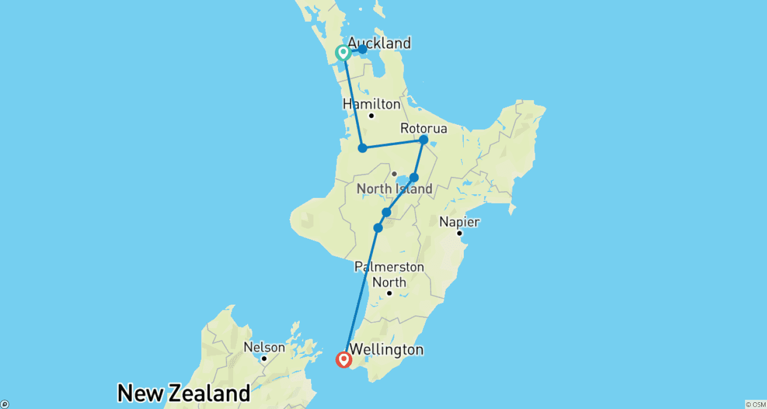 Mapa do percurso de Premium Ilha Norte da Nova Zelândia