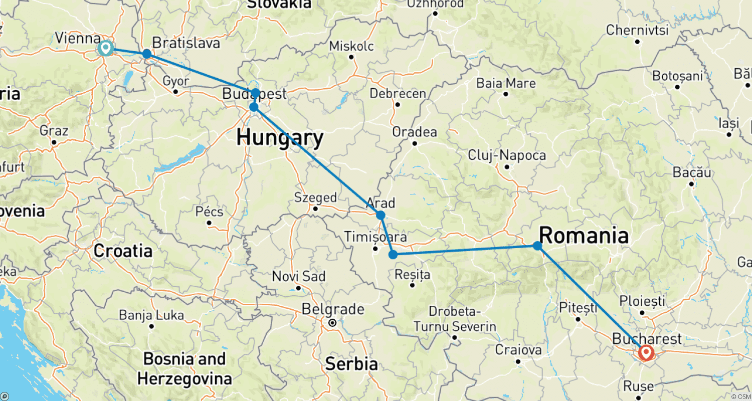 Mapa do percurso de Viagem de 7 Dias explorando a Europa Central e Oriental - de Viena a Bucareste - Tour em Grupo Pequeno