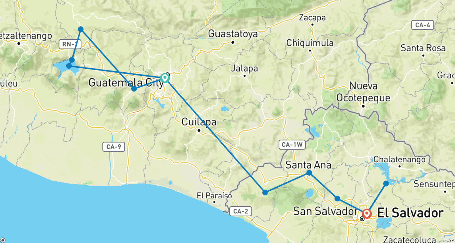 Mapa trasy: (Prywatna) 8-dniowa wycieczka po Gwatemali i Salwadorze, codzienne rozpoczęcie i ekskluzywny samochód