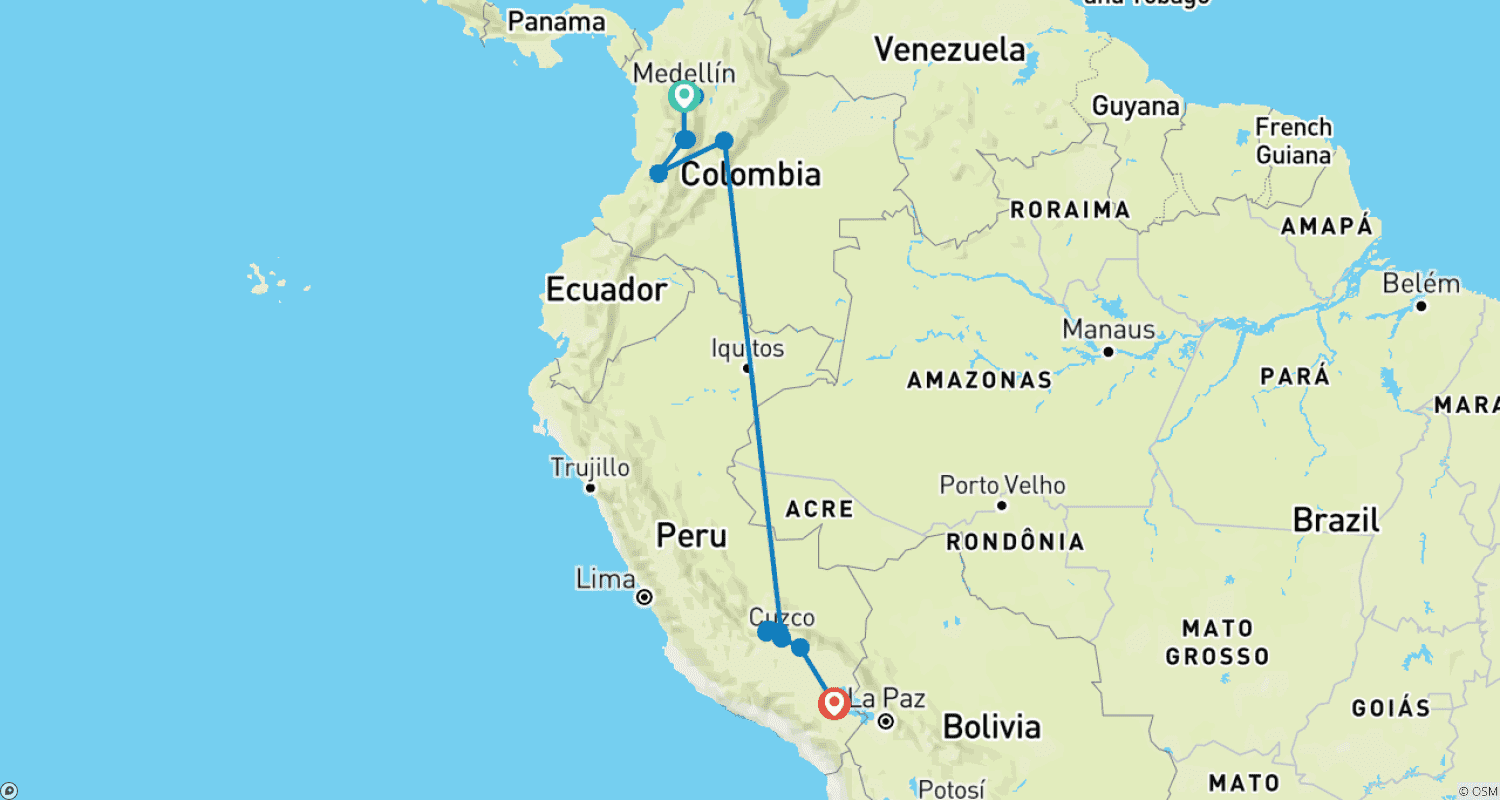 Mapa trasy: Essential Colombia & Peru - 15 days