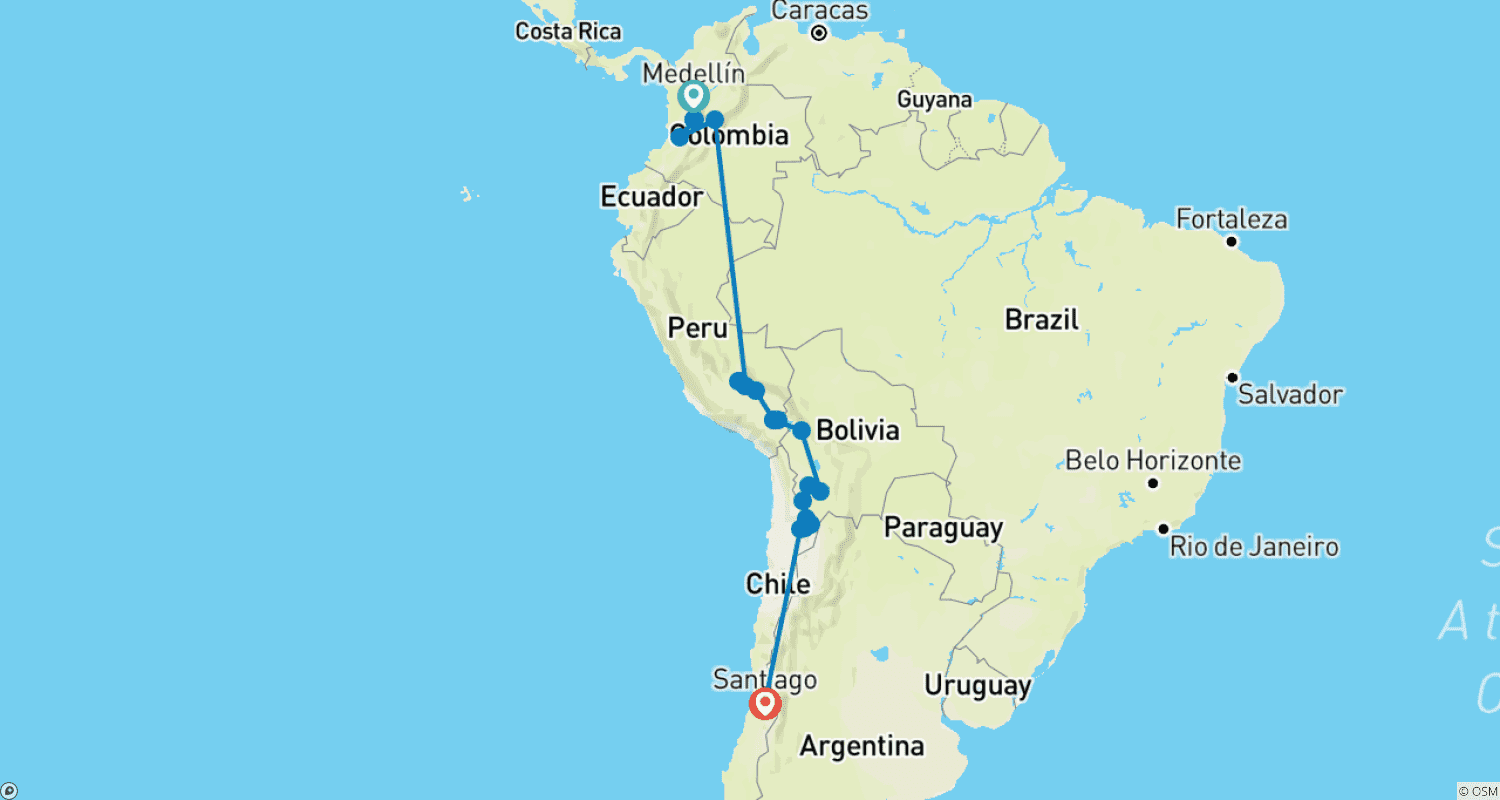 خريطة مسار Essential Colombia to Chile - 21 days