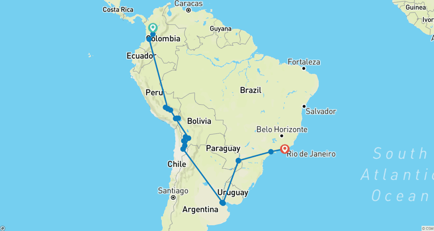 Essential Colombia to Peru & Brazil - 33 daysのルートマップ