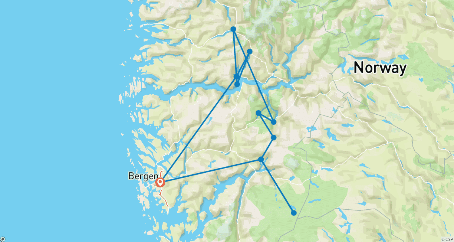 Mapa trasy: Norweskie Fiordy Samochodem - 8 dni