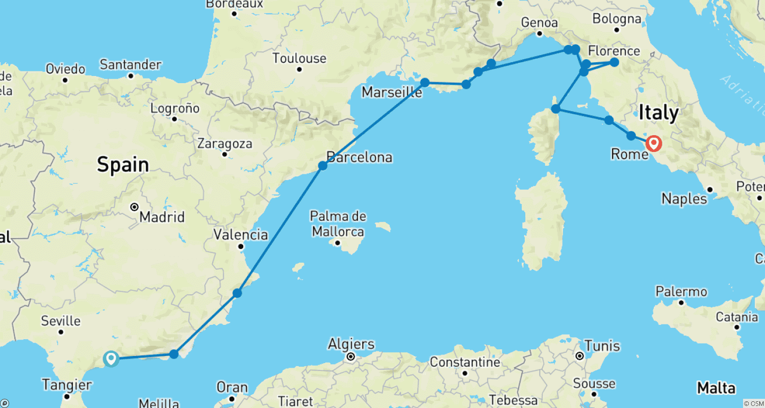 Mapa trasy: Odyseja Śródziemnomorska: Hiszpania, Włochy i Riwiera Francuska