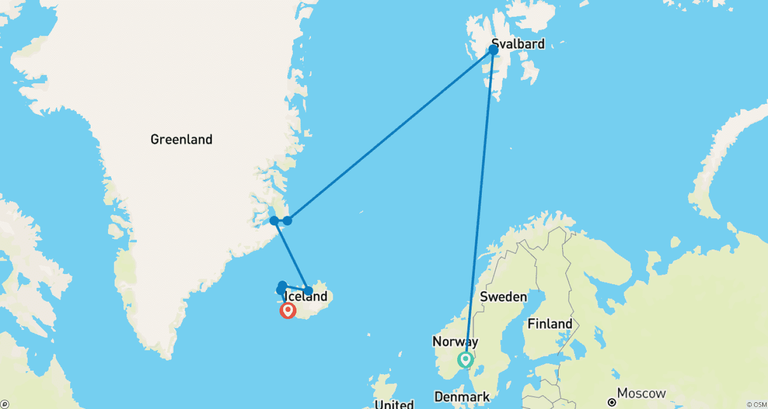 Mapa trasy: Cuda Wysokiej Arktyki: Svalbard, Grenlandia i Islandia