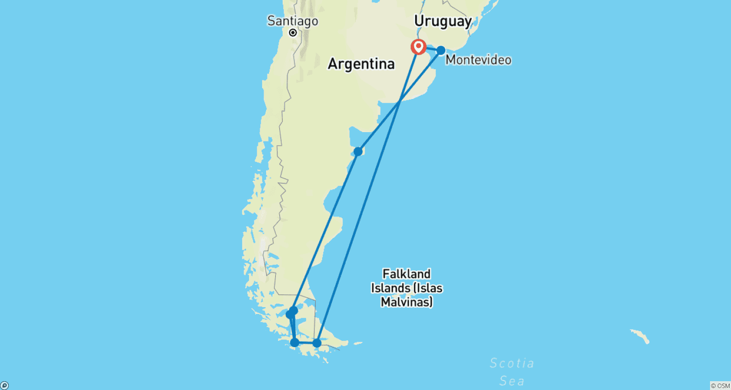 Mapa do percurso de Fiordes e Geleiras do Sul do Chile e Patagônia 2028