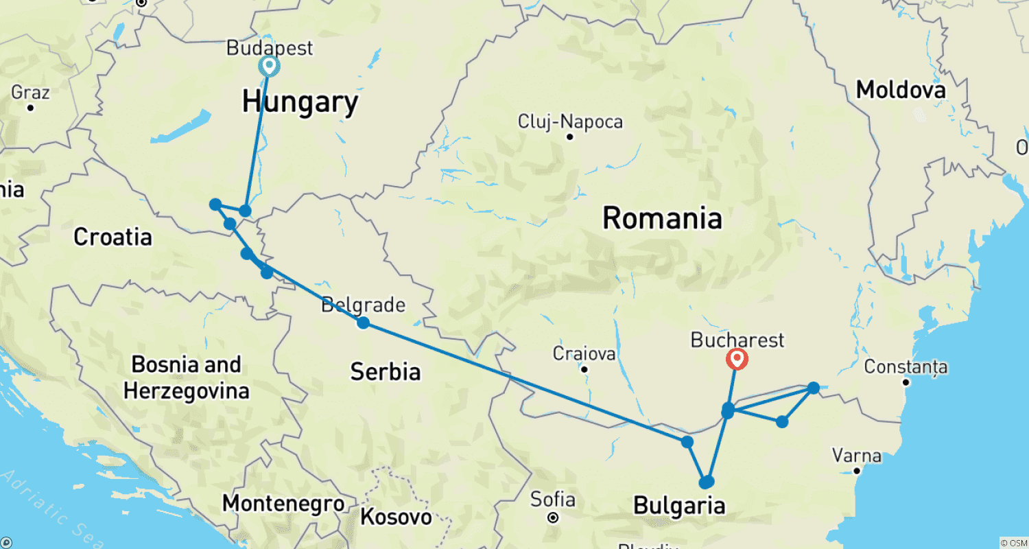 خريطة مسار Eastern Europe & Balkans Unveiled & Budapest 2026 - 11 Days (from Budapest to Bucharest)