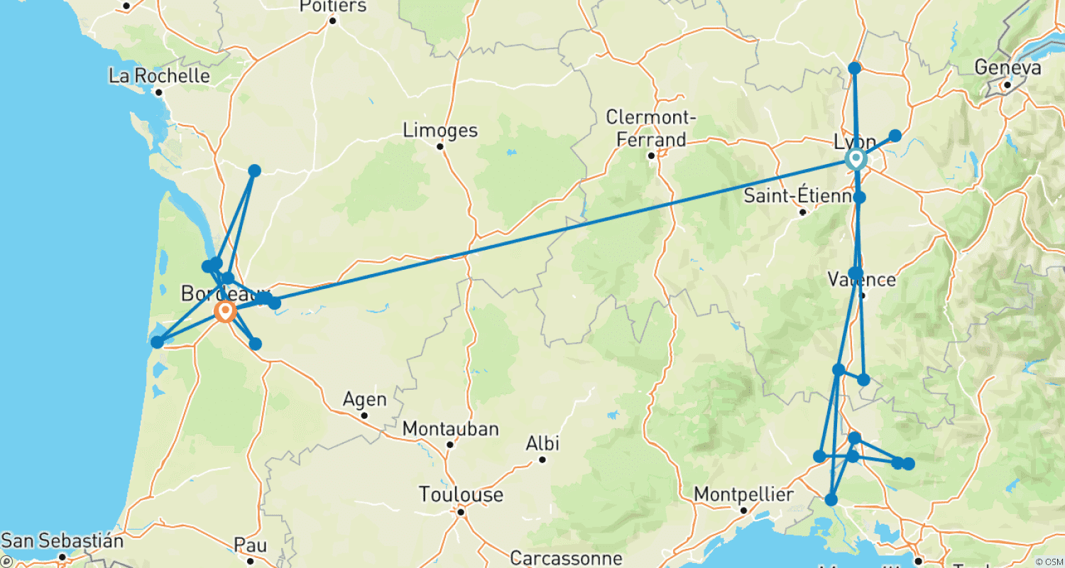 Mapa do percurso de França Icónica 2026 - 21 Dias (de Lyon a Bordeaux)