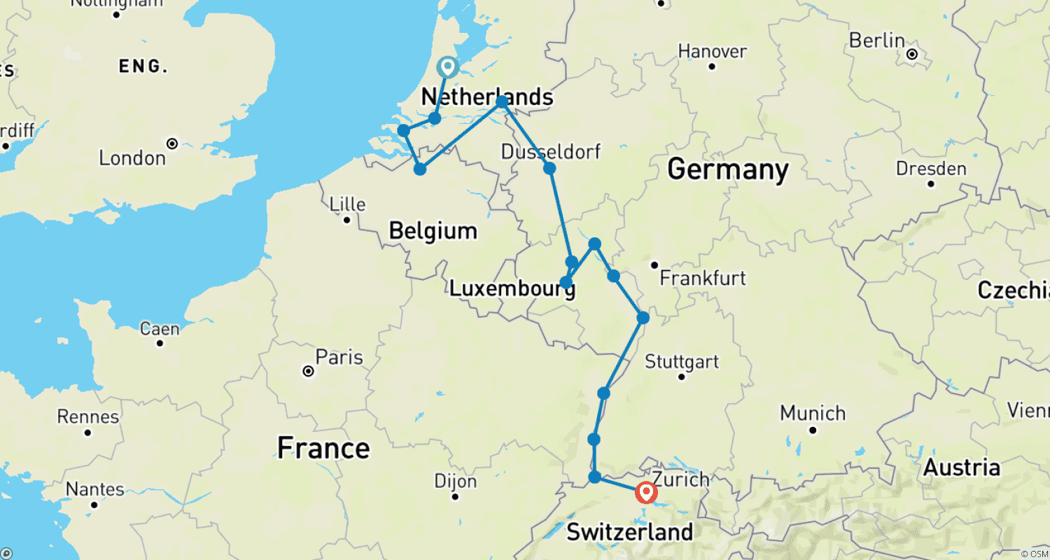 Mapa do percurso de Reno e Mosela Românticos: Partida de Fidelidade 2026 - 15 Dias (de Amsterdã a Zurique)