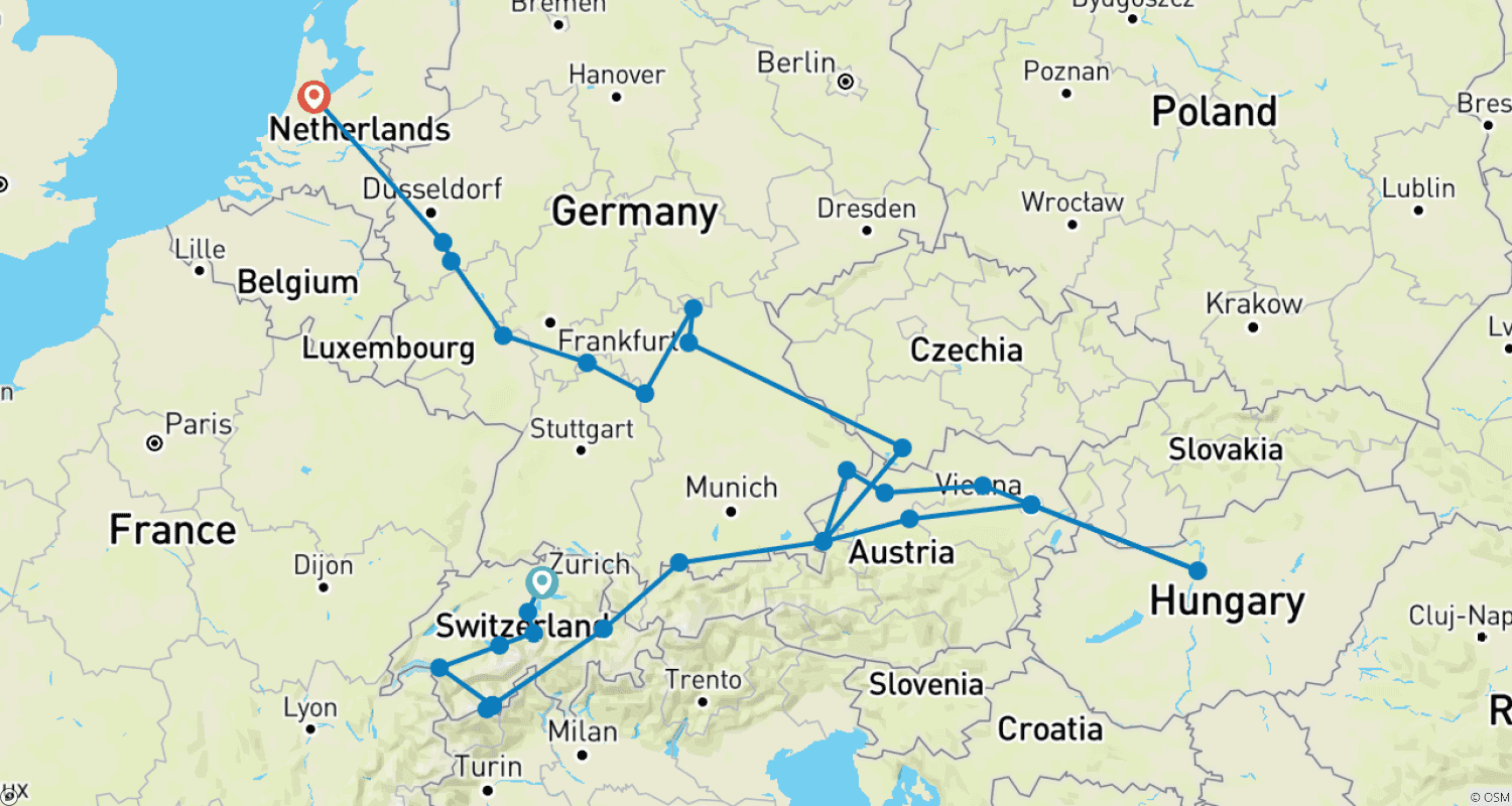 Mapa do percurso de Jewels of Europe with Wonders of Switzerland & Austria 2026 - 29 Days (40 destinations)