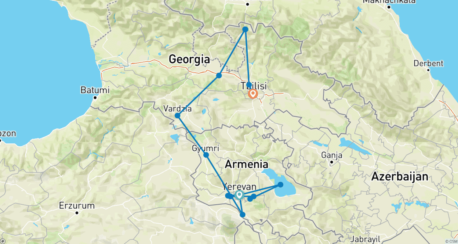 Mapa do percurso de Armênia e Geórgia: Vales Sagrados, Picos Atemporais e Tesouros Culturais