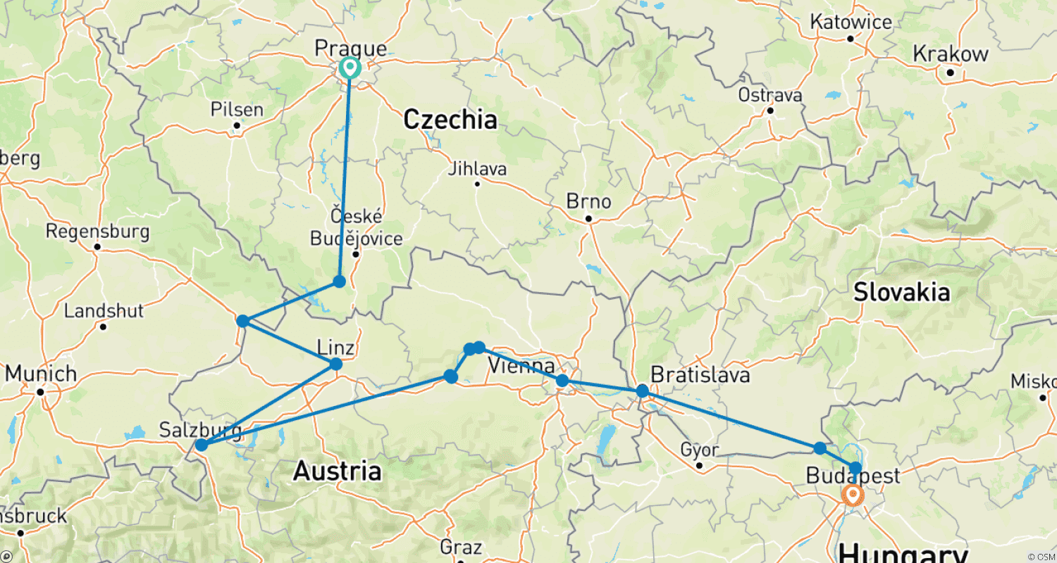 خريطة مسار Prague Adventure and Classical Danube Cruise (Prague - Budapest)