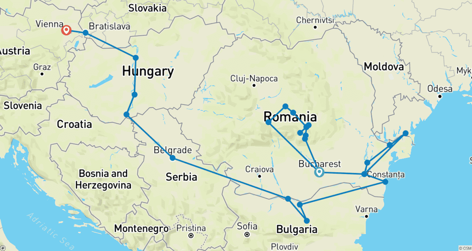 Mapa trasy: Transylvania Pre Program and Lower Danube (Bucharest - Vienna) (27 destinations)