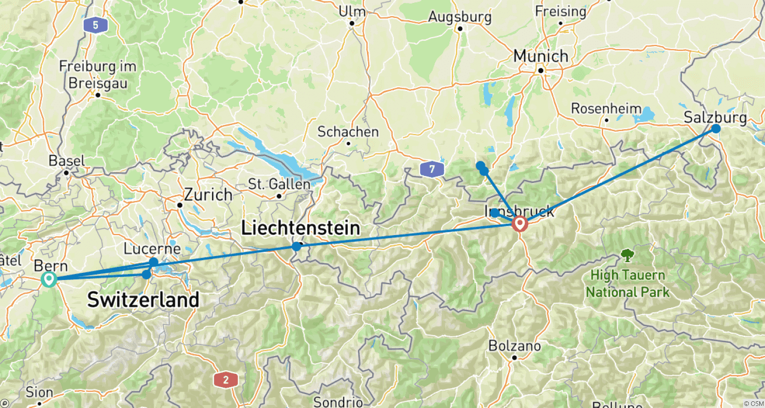 Mapa do percurso de Discover Switzerland, Austria & Bavaria  (Bern to Innsbruck) (2026)